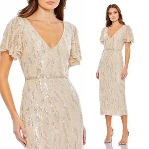 Mac Duggal Beige Sequin Midi Dress